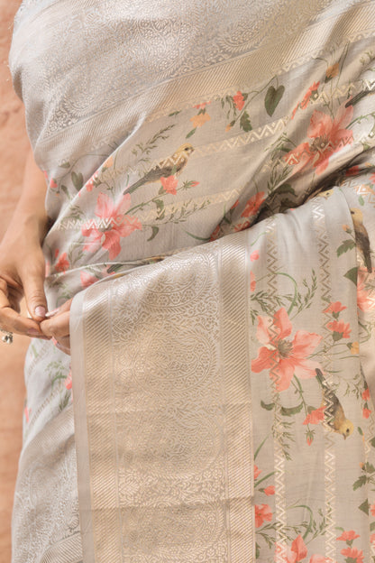 Chiniya Print Weaving Grey Saree