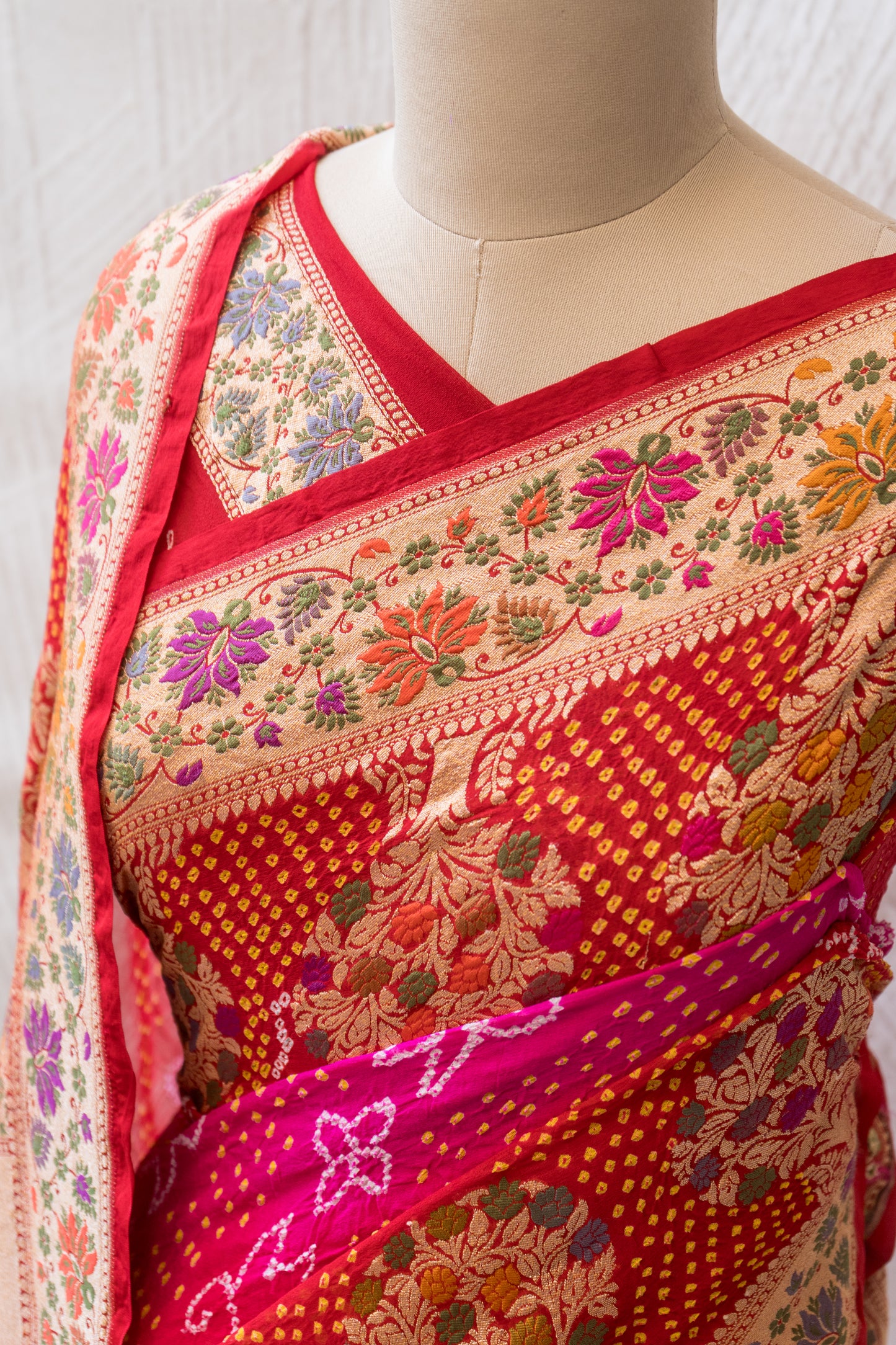 Tilfi Bandhej Shaded Pink-Red Meenakari Saree