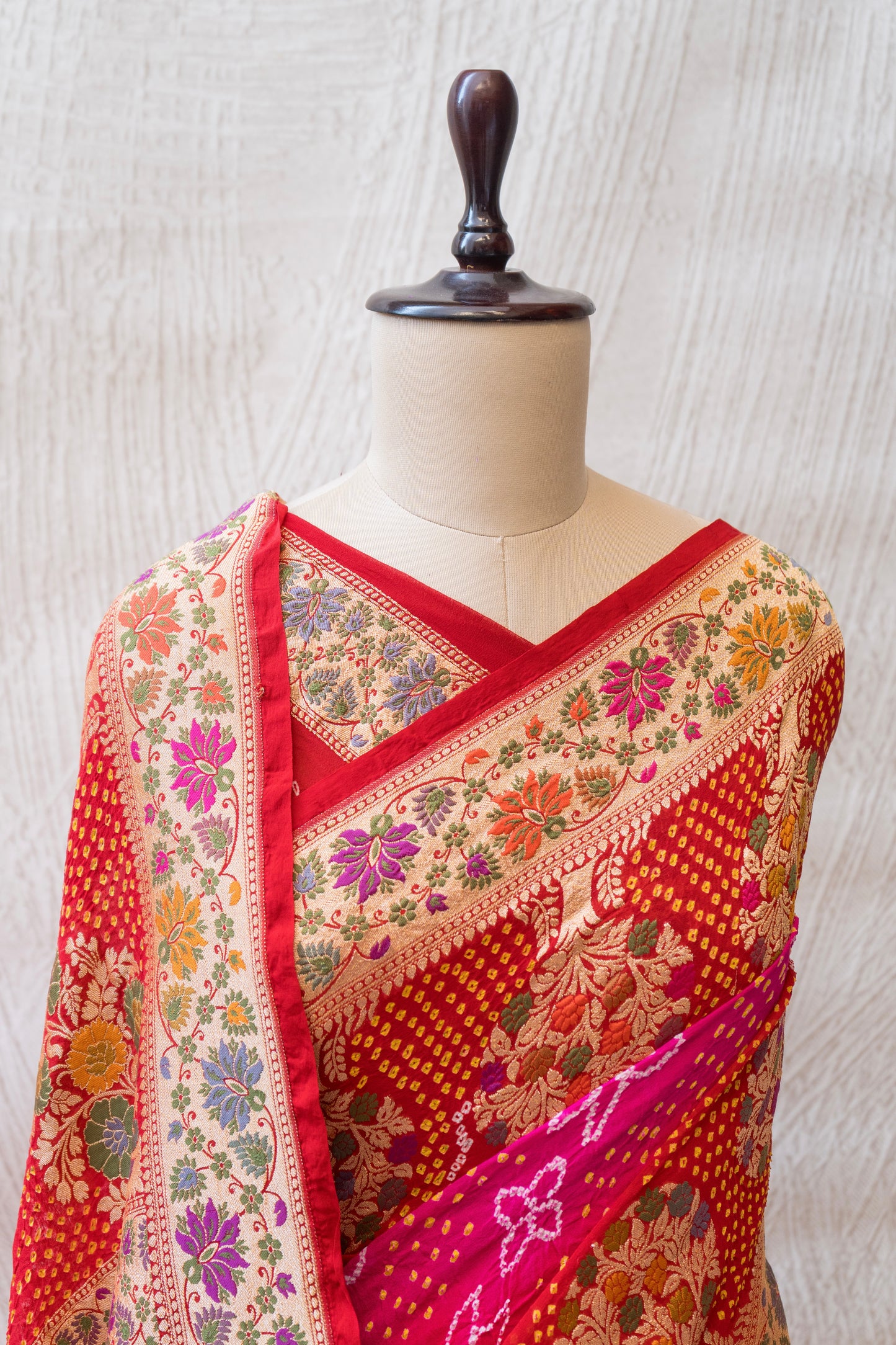 Tilfi Bandhej Shaded Pink-Red Meenakari Saree