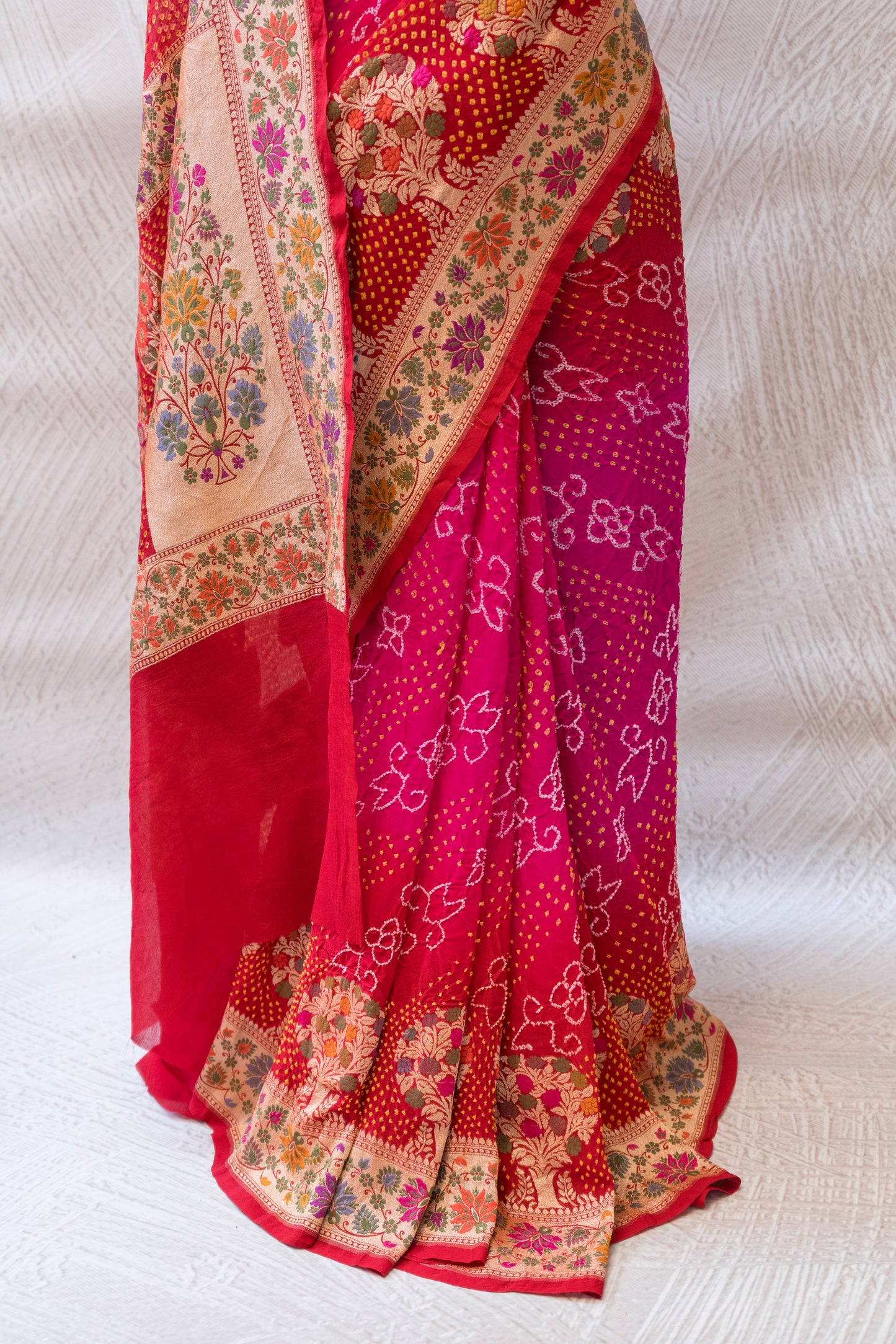 Tilfi Bandhej Shaded Pink-Red Meenakari Saree