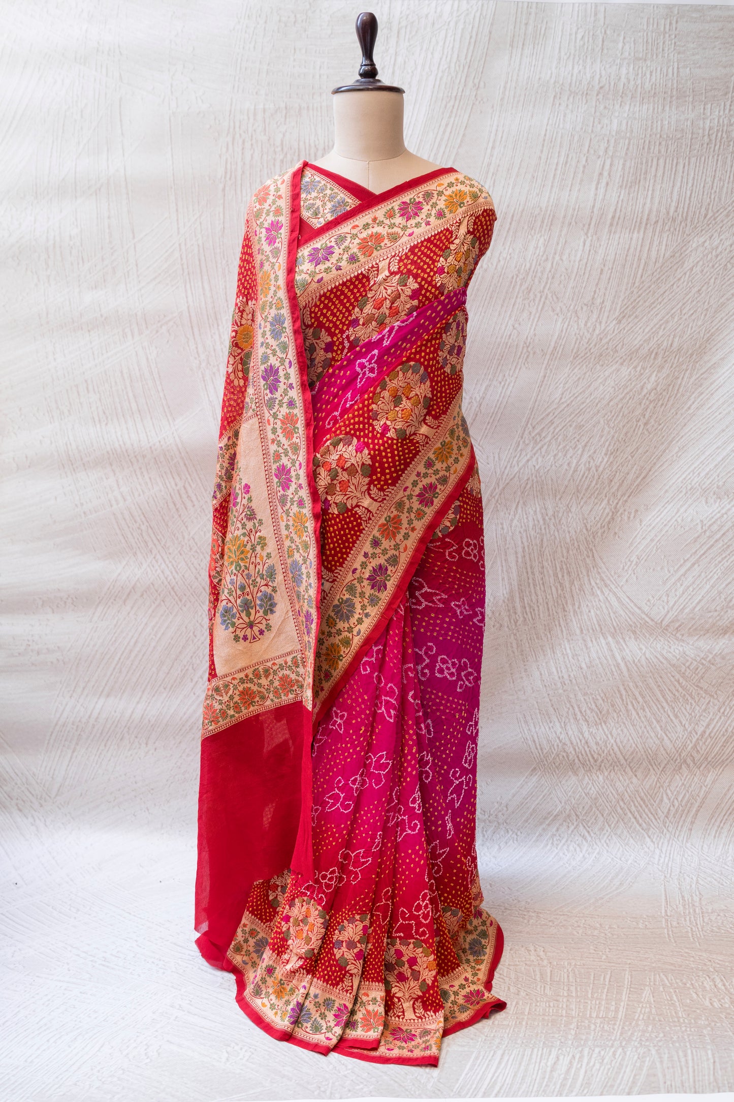 Tilfi Bandhej Shaded Pink-Red Meenakari Saree
