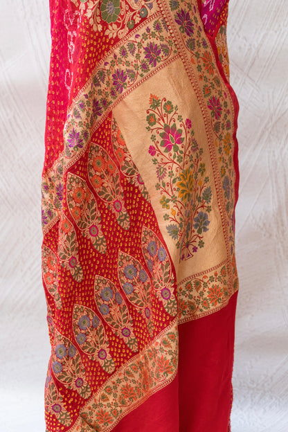 Tilfi Bandhej Shaded Pink-Red Meenakari Saree