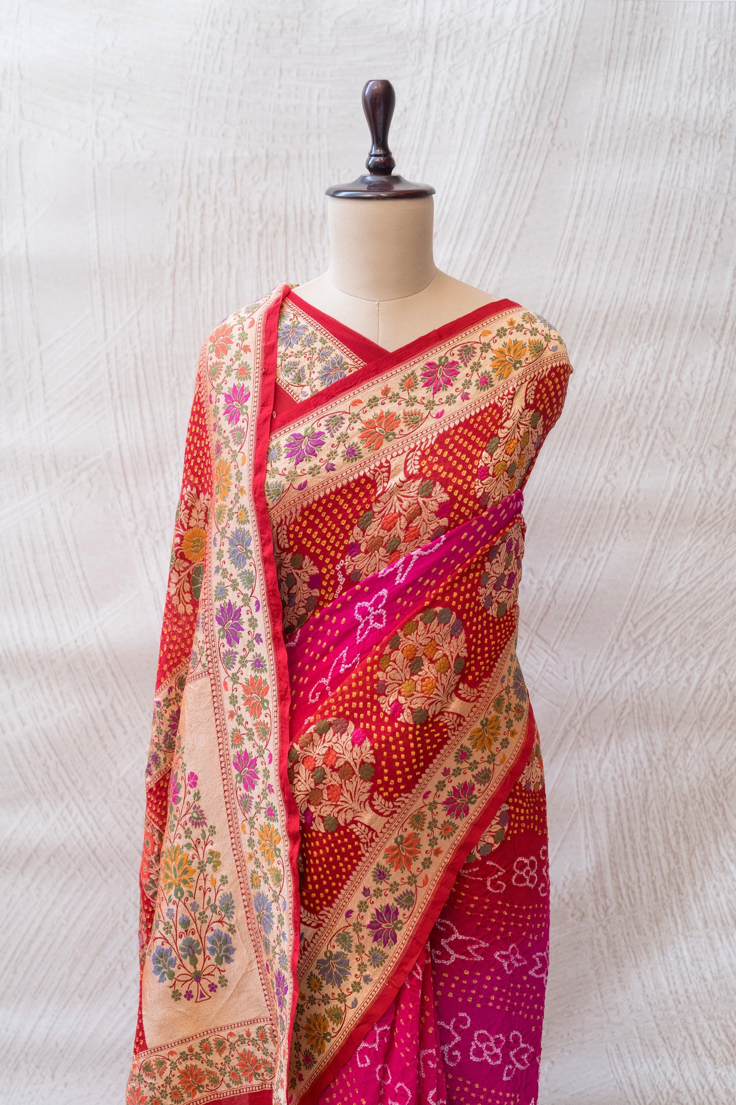 Tilfi Bandhej Shaded Pink-Red Meenakari Saree