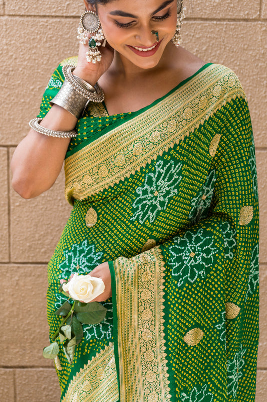 Bandhej Intricate Bottle Green Saree