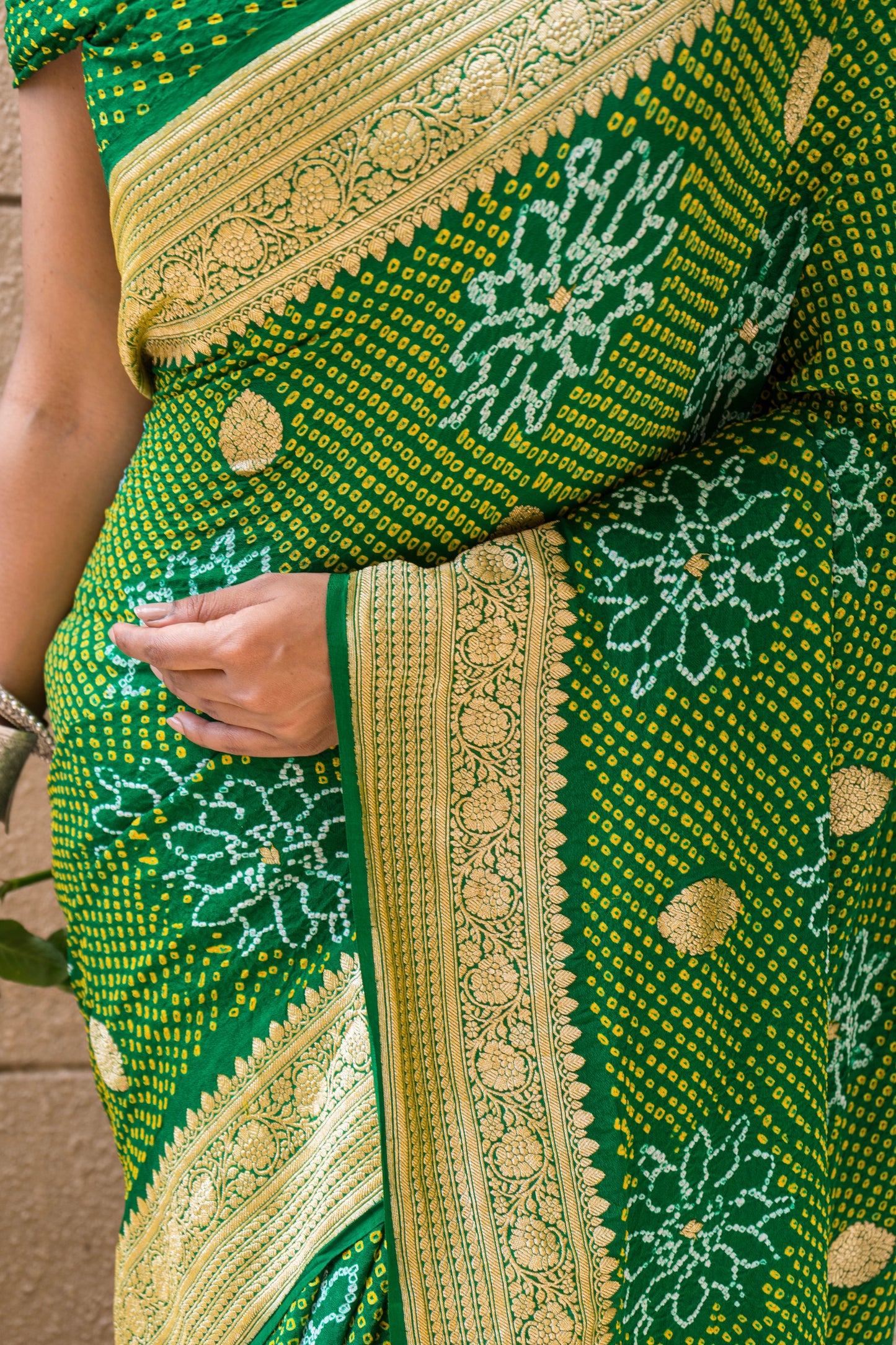 Bandhej Intricate Bottle Green Saree