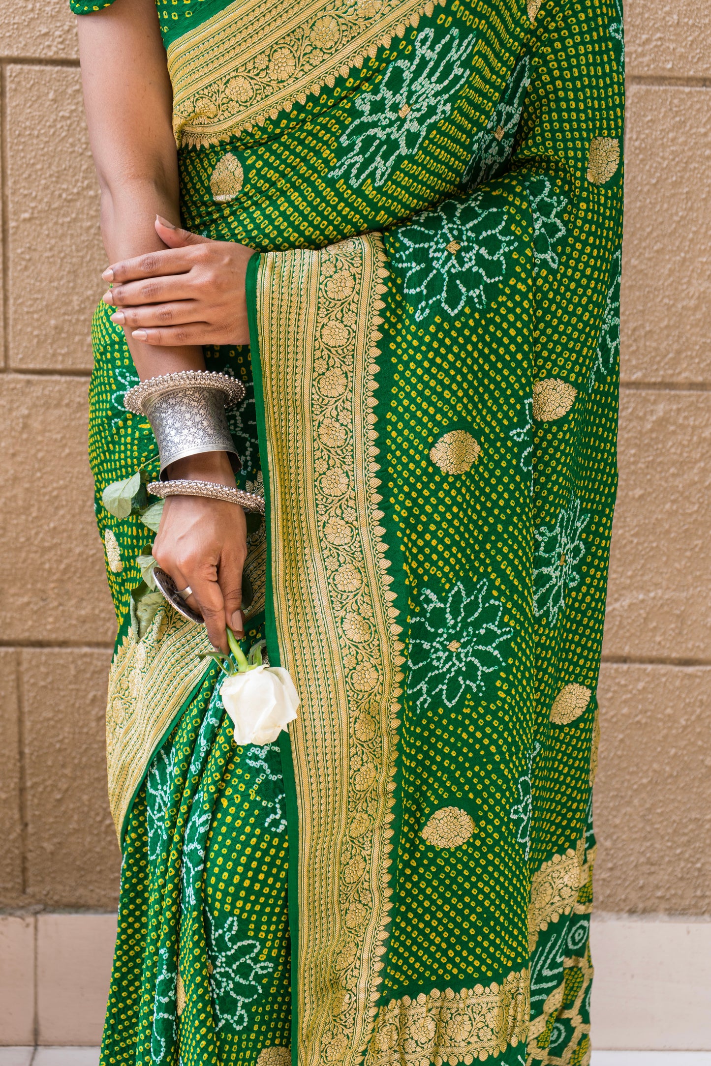 Bandhej Intricate Bottle Green Saree