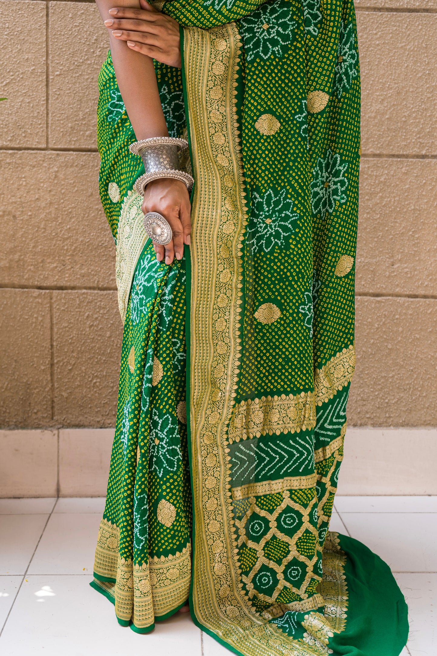 Bandhej Intricate Bottle Green Saree
