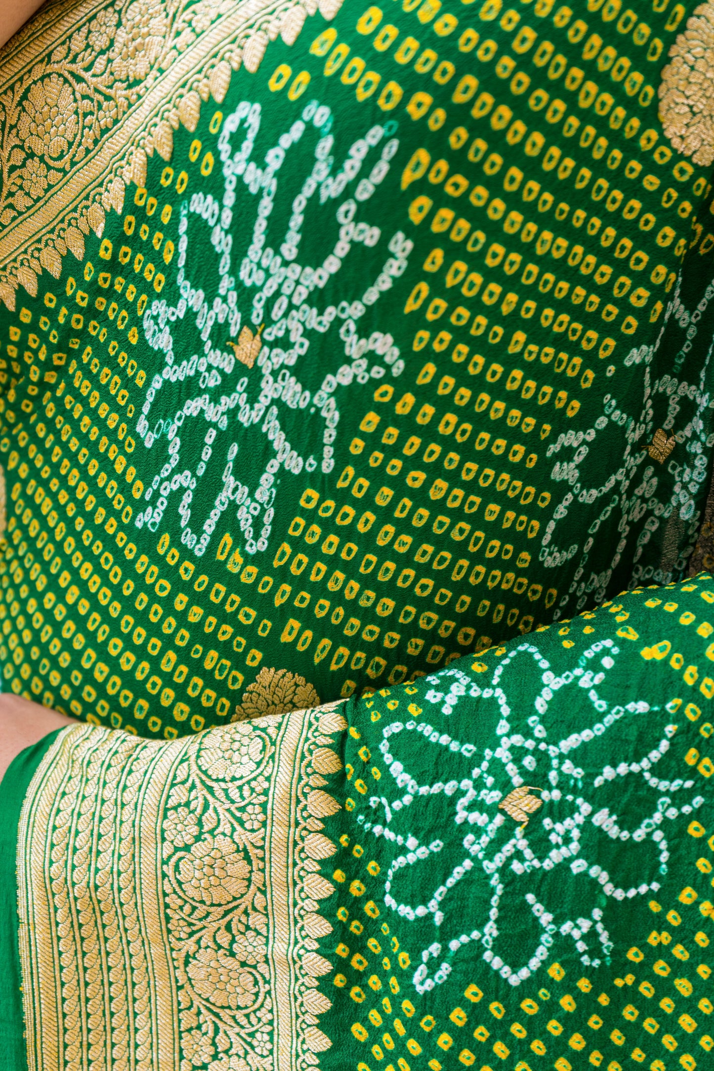 Bandhej Intricate Bottle Green Saree