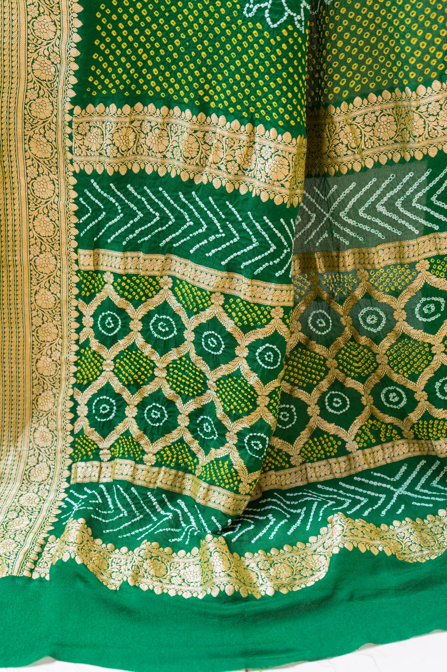 Bandhej Intricate Bottle Green Saree