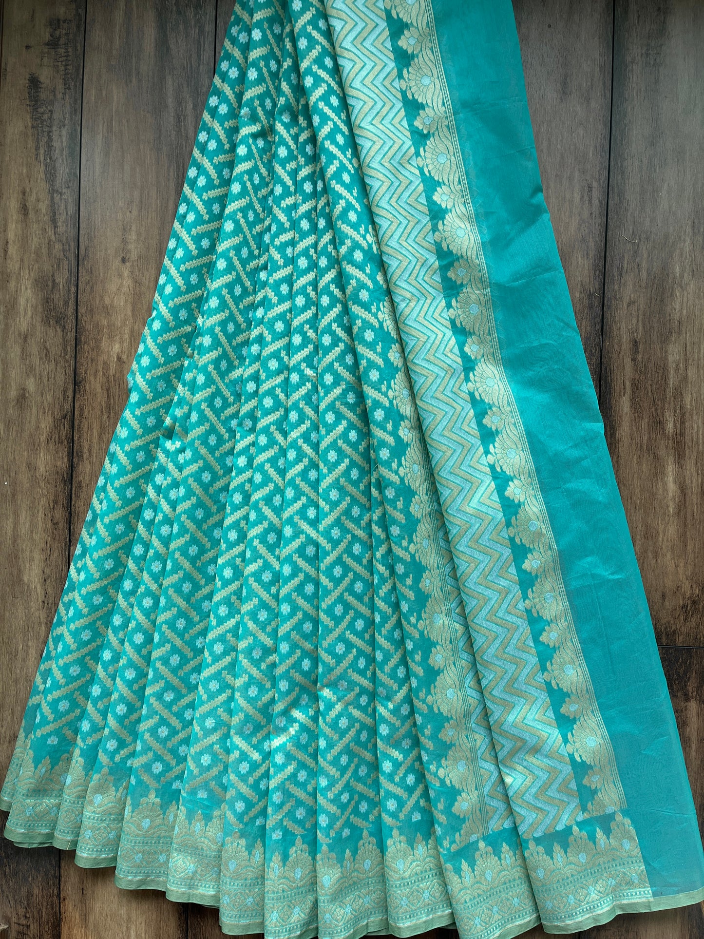 Chanderi Weaving Blue-Green Saree