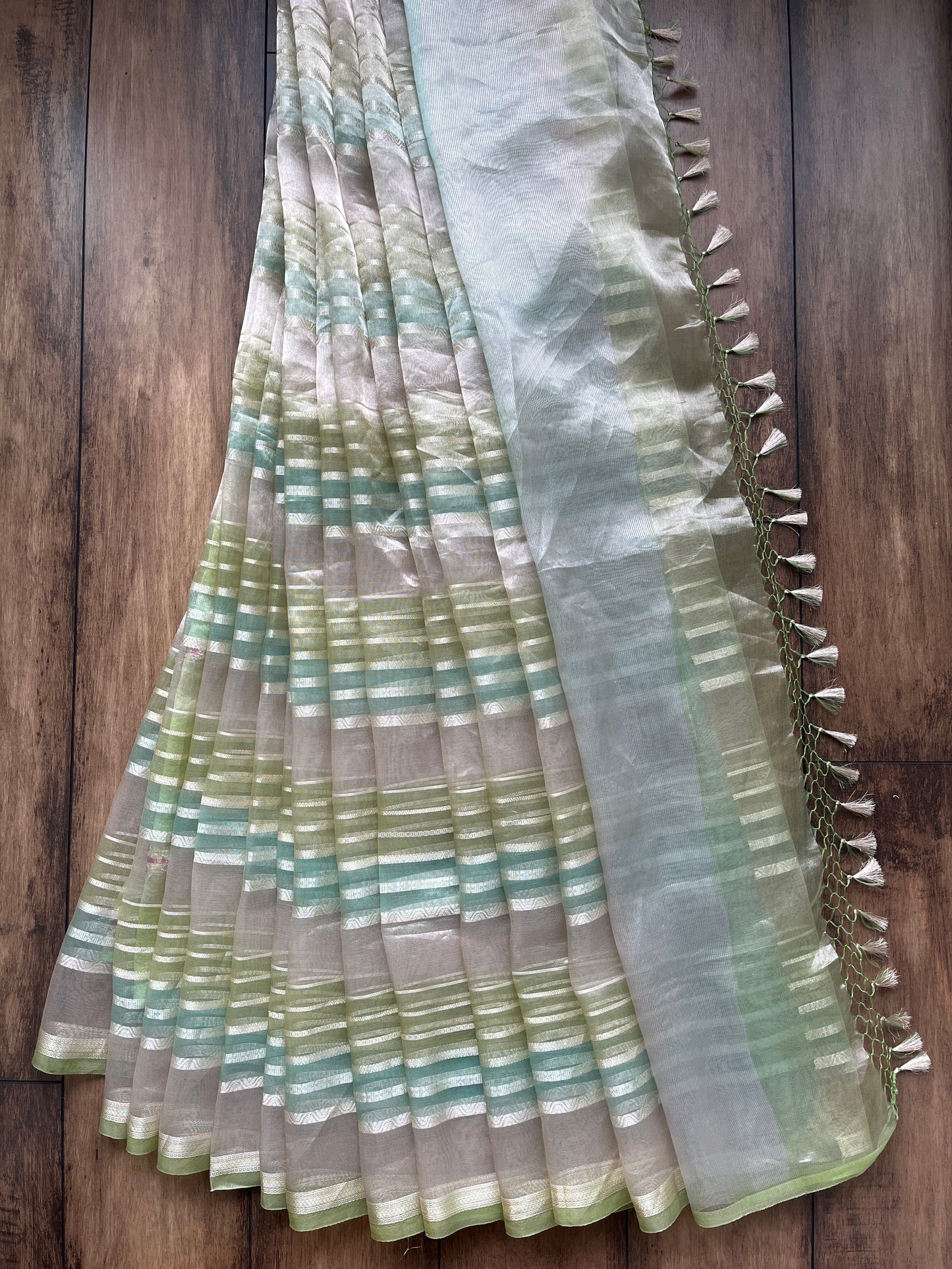 Tissue Stripes Rangkat Saree (Blue-Green)