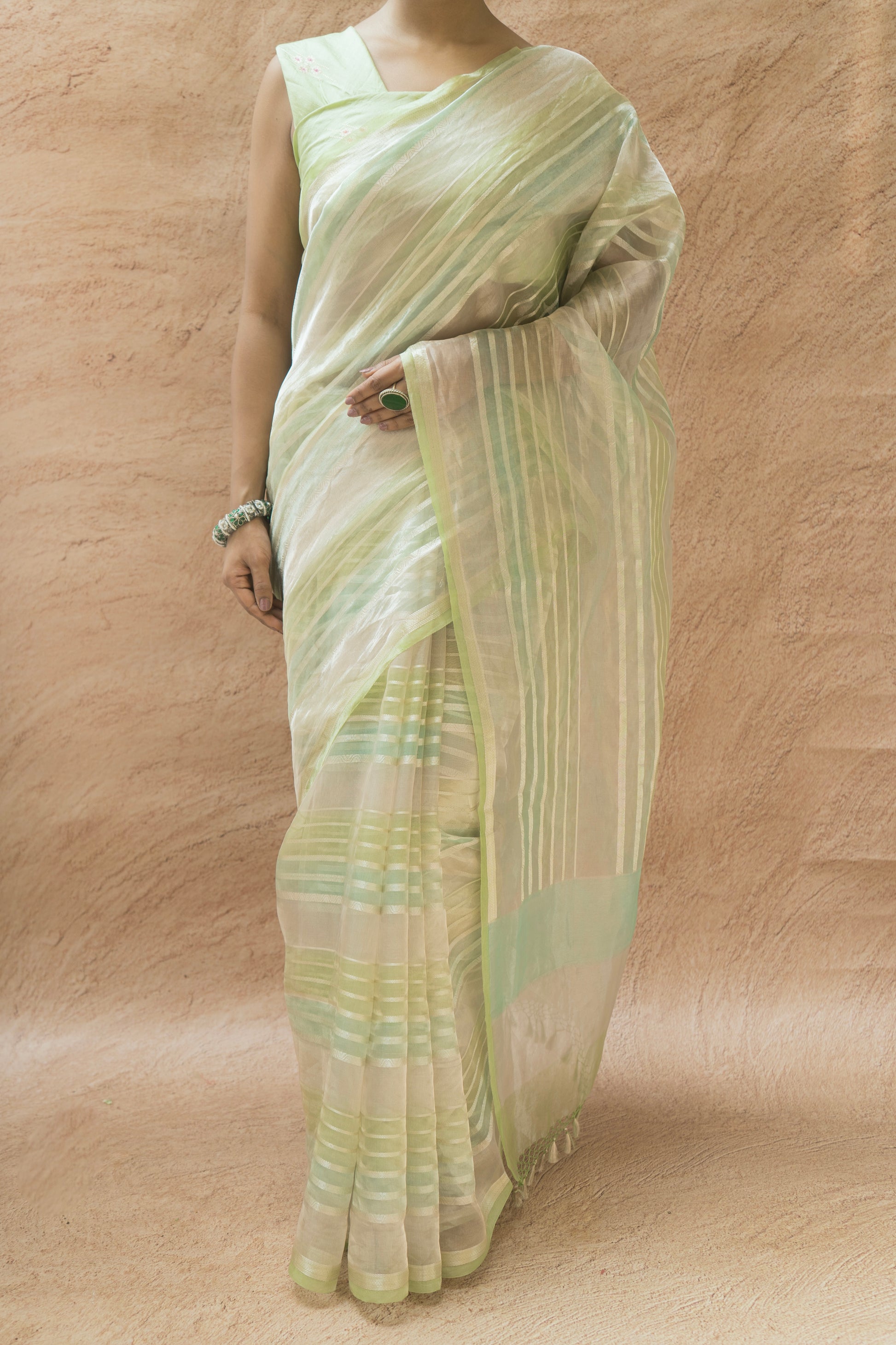 Light green luxury Banarasi saree with subtle detailing worn by a woman against a neutral beige background
