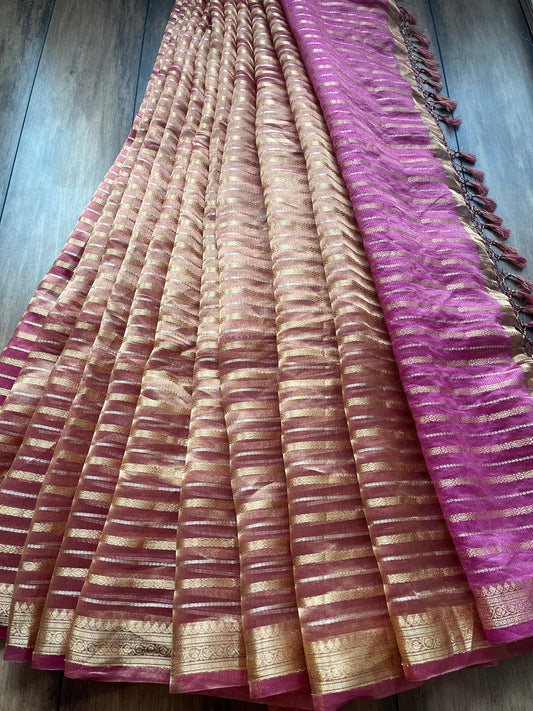 Tissue Stripes Dhoop Chaav Rust Saree