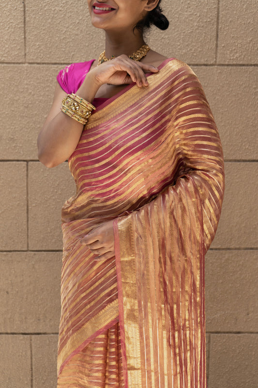 Tissue Stripes Dhoop Chaav Rust Saree