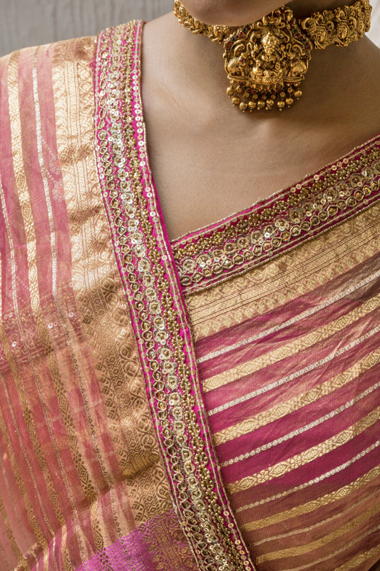 Tissue Stripes Dhoop Chaav Rust Saree