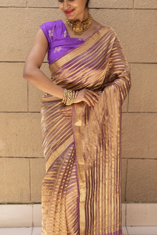 Tissue Stripes Dhoop Chaav Purple Saree