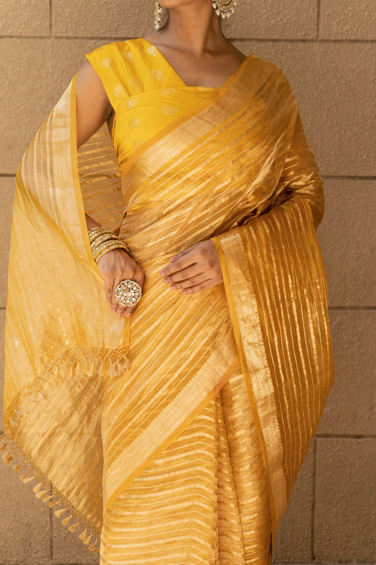 Tissue Stripes Yellow Saree