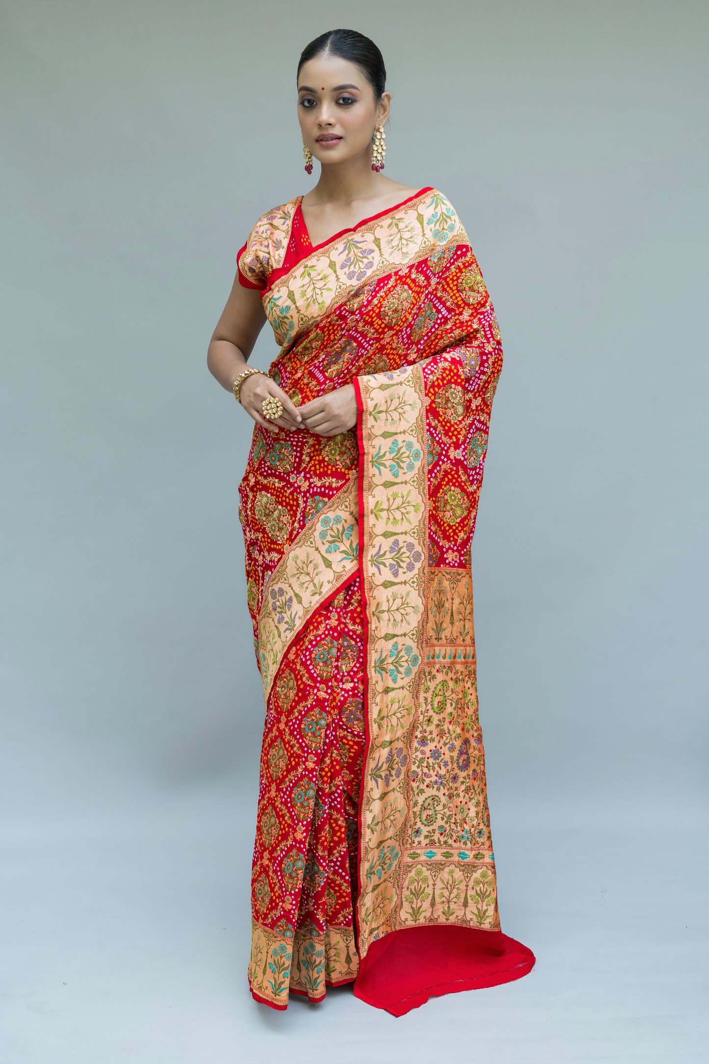 Red Neemzari Tilfi Meenakari Bandhej Saree
