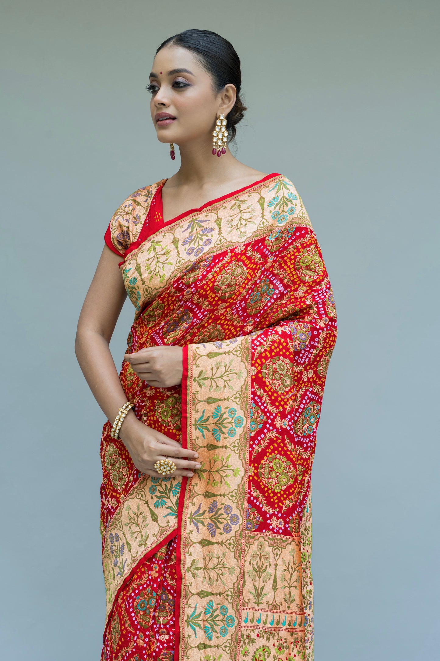 Red Neemzari Tilfi Meenakari Bandhej Saree