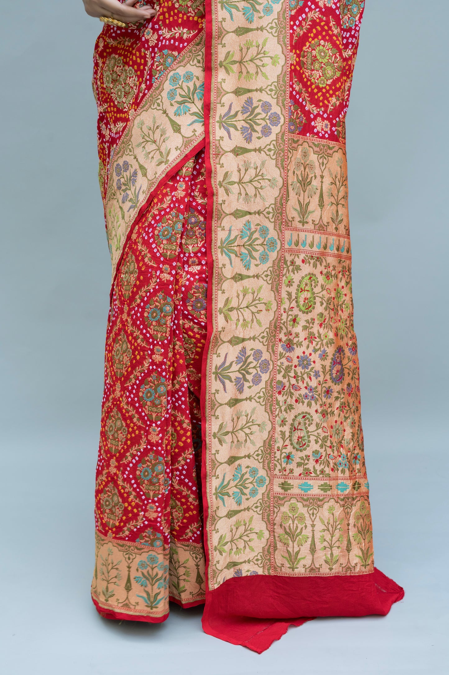 Red Neemzari Tilfi Meenakari Bandhej Saree