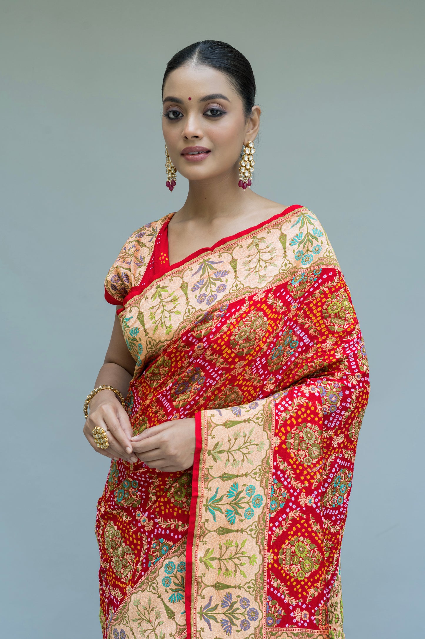 Red Neemzari Tilfi Meenakari Bandhej Saree