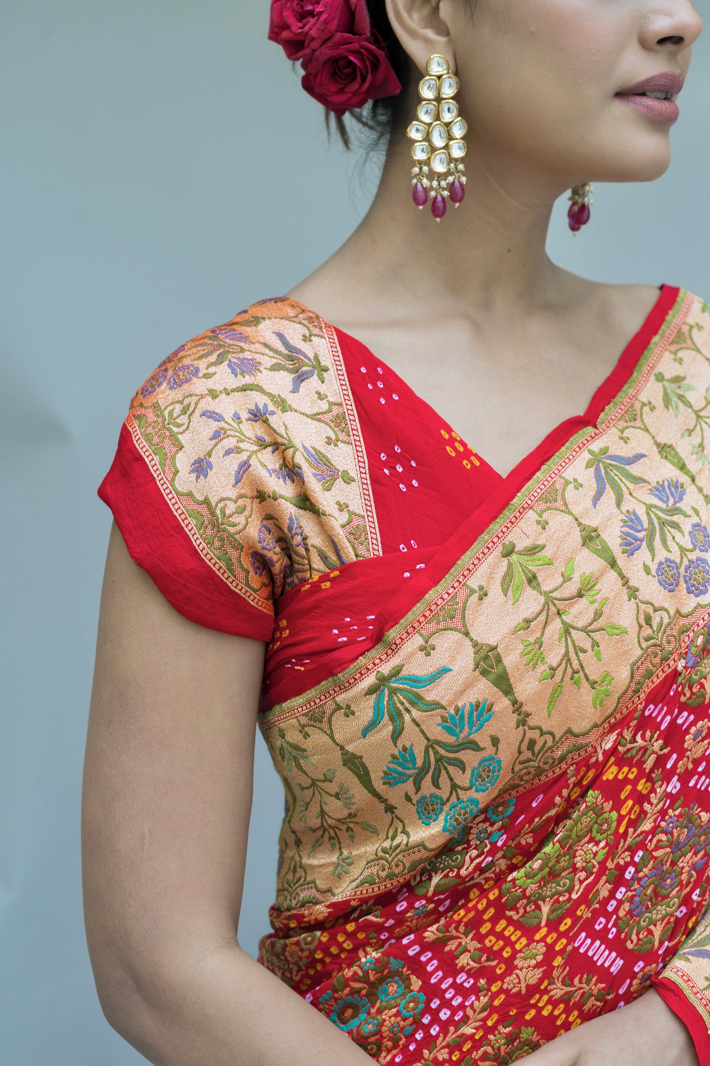 Red Neemzari Tilfi Meenakari Bandhej Saree