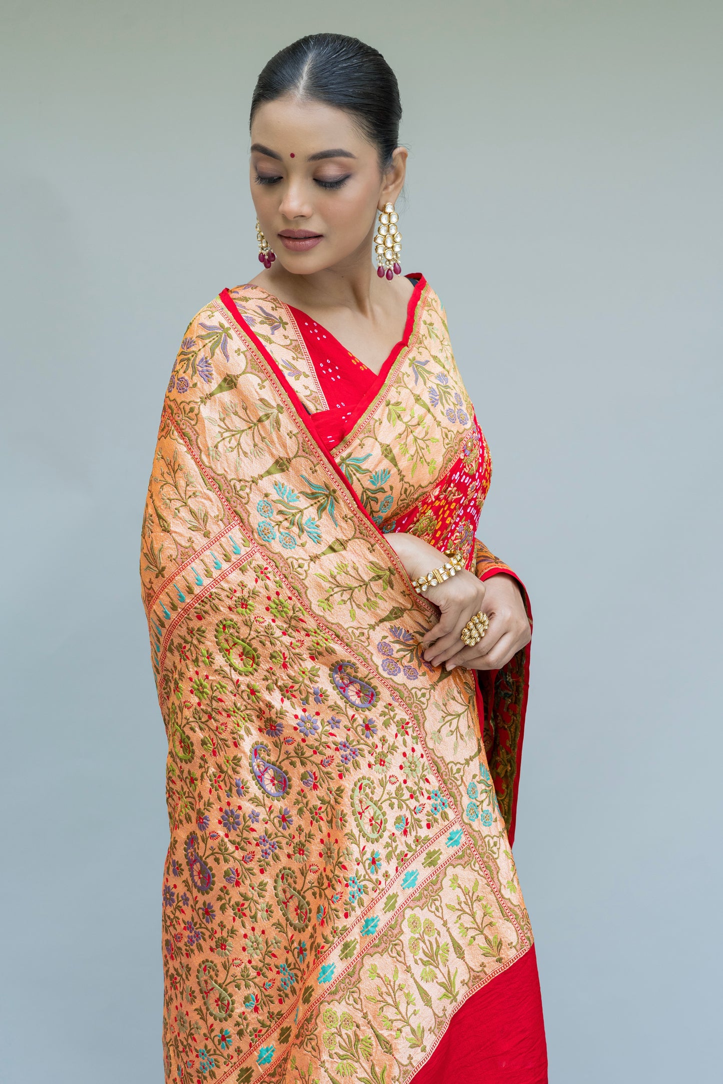 Red Neemzari Tilfi Meenakari Bandhej Saree