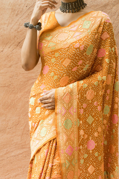 Patola Mustard Meenakari Bandhej Saree