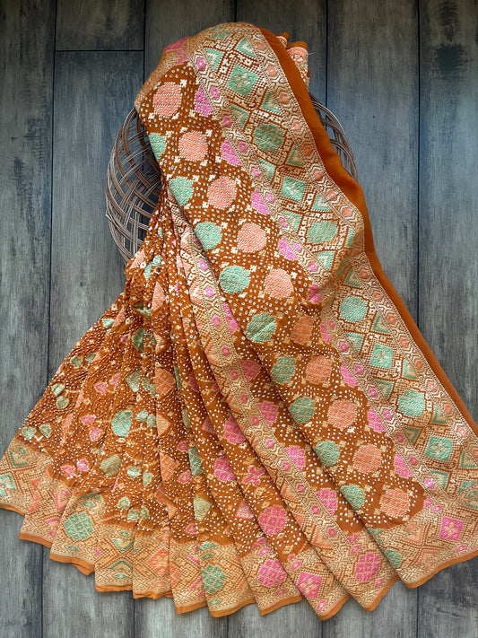 Patola Mustard Meenakari Bandhej Saree