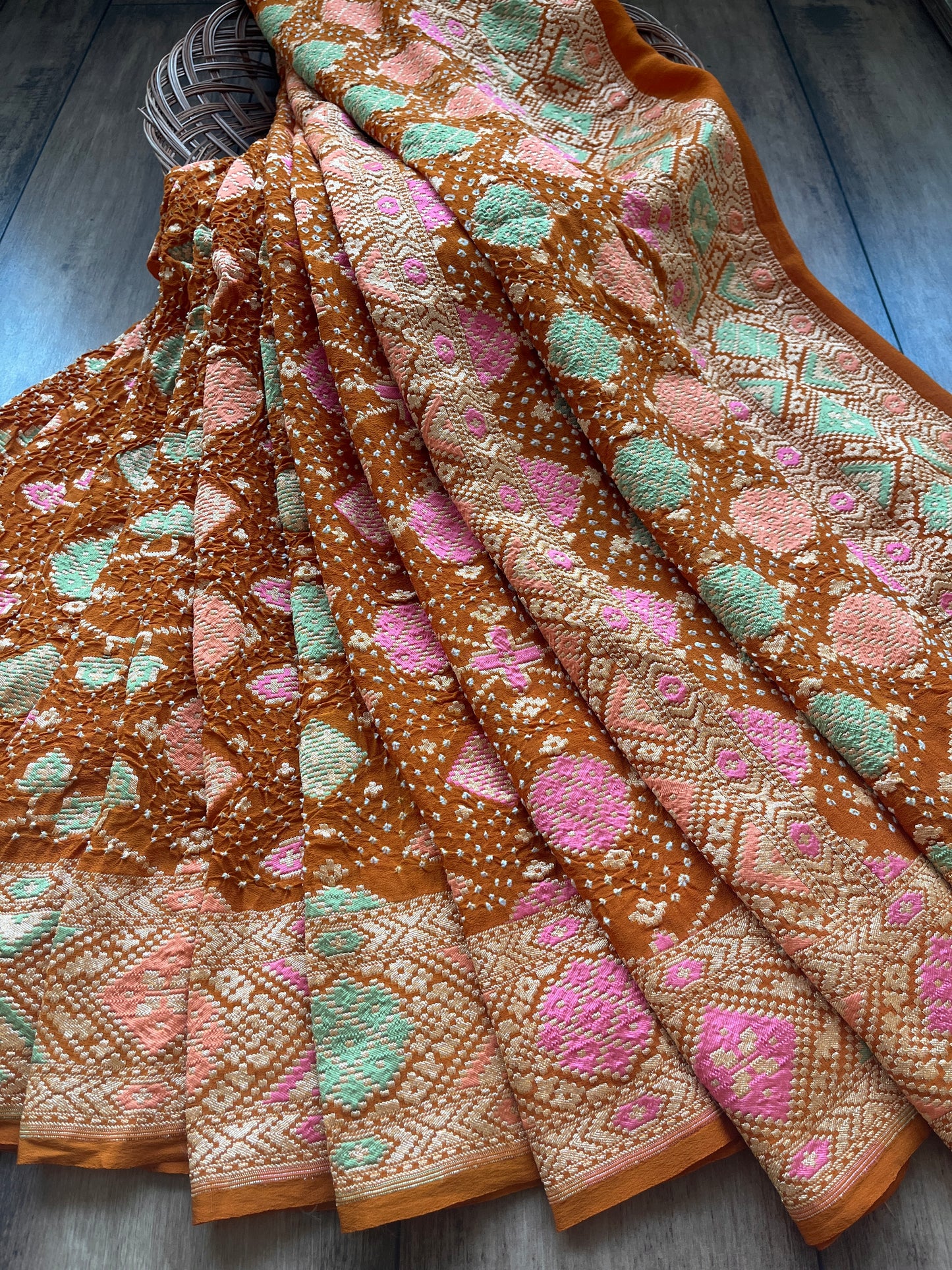 Patola Mustard Meenakari Bandhej Saree