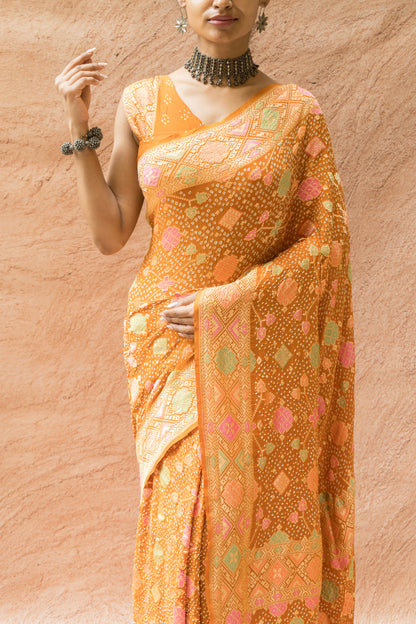 Patola Mustard Meenakari Bandhej Saree
