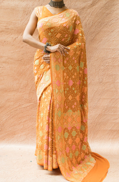 Patola Mustard Meenakari Bandhej Saree