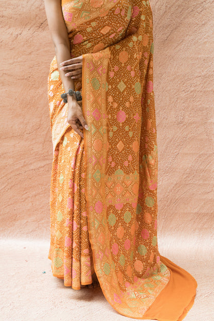 Patola Mustard Meenakari Bandhej Saree