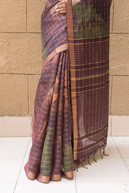 Silk Checks Chocolate Brown Saree