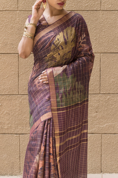 Silk Checks Chocolate Brown Saree