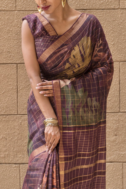 Silk Checks Chocolate Brown Saree