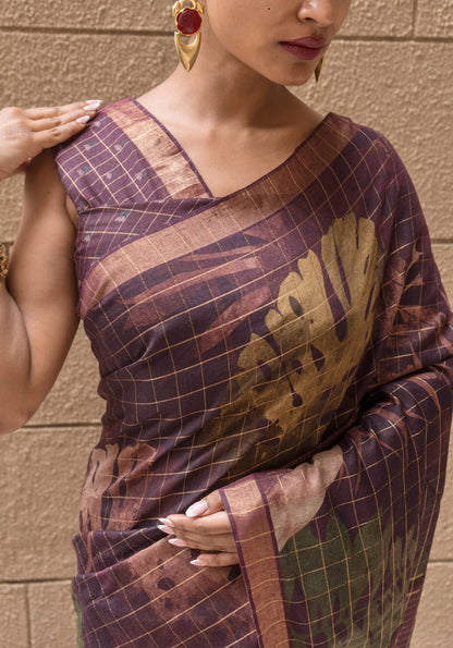 Silk Checks Chocolate Brown Saree