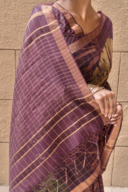 Silk Checks Chocolate Brown Saree