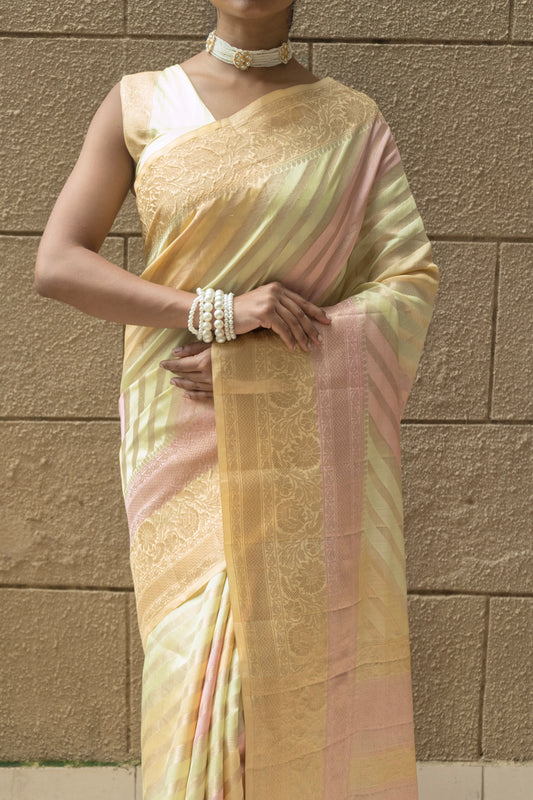 Rangkat Yellow-Peach Chiniya Leheriya Saree