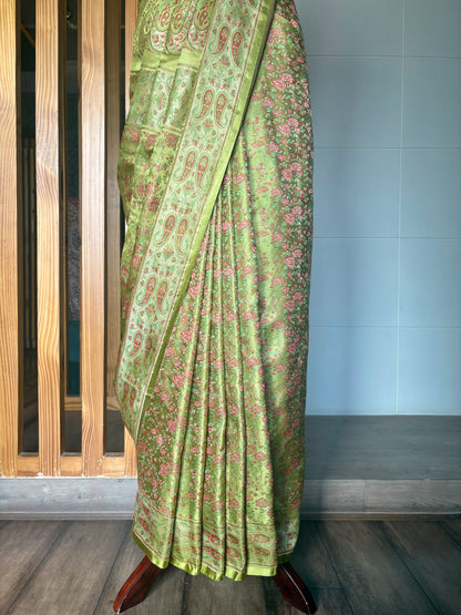 Floral Tanchoi Green Saree