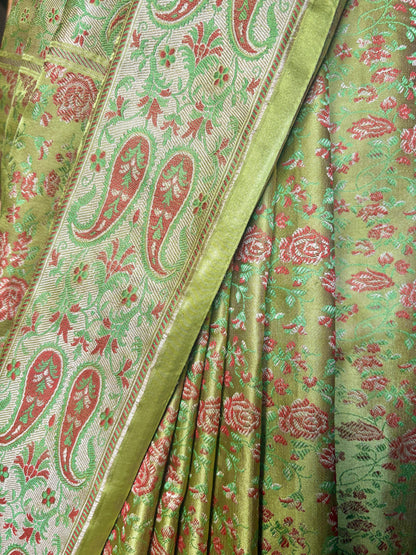 Floral Tanchoi Green Saree