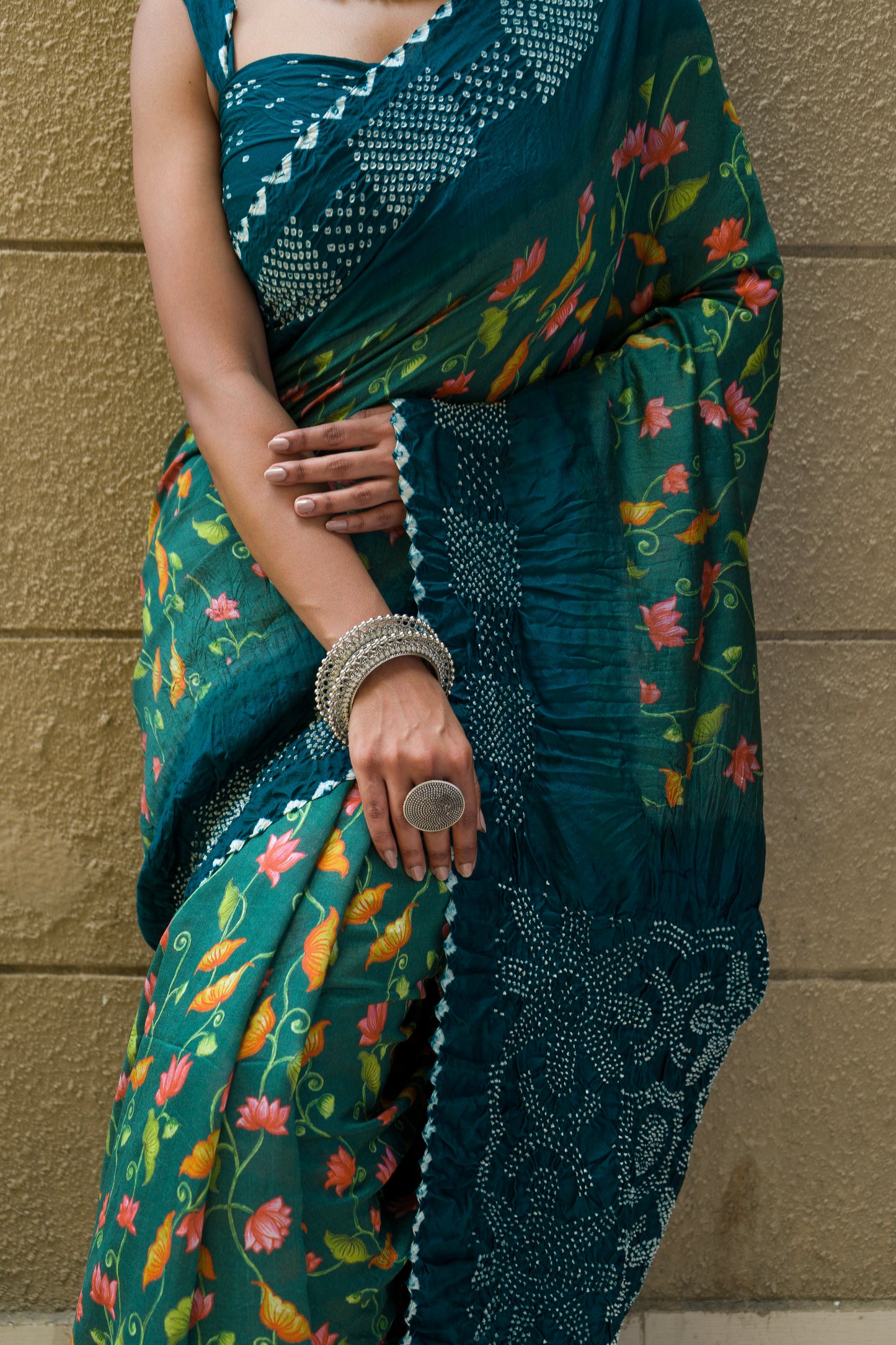 Chiniya Pichwai Bottle Green-Blue Bandhej Saree