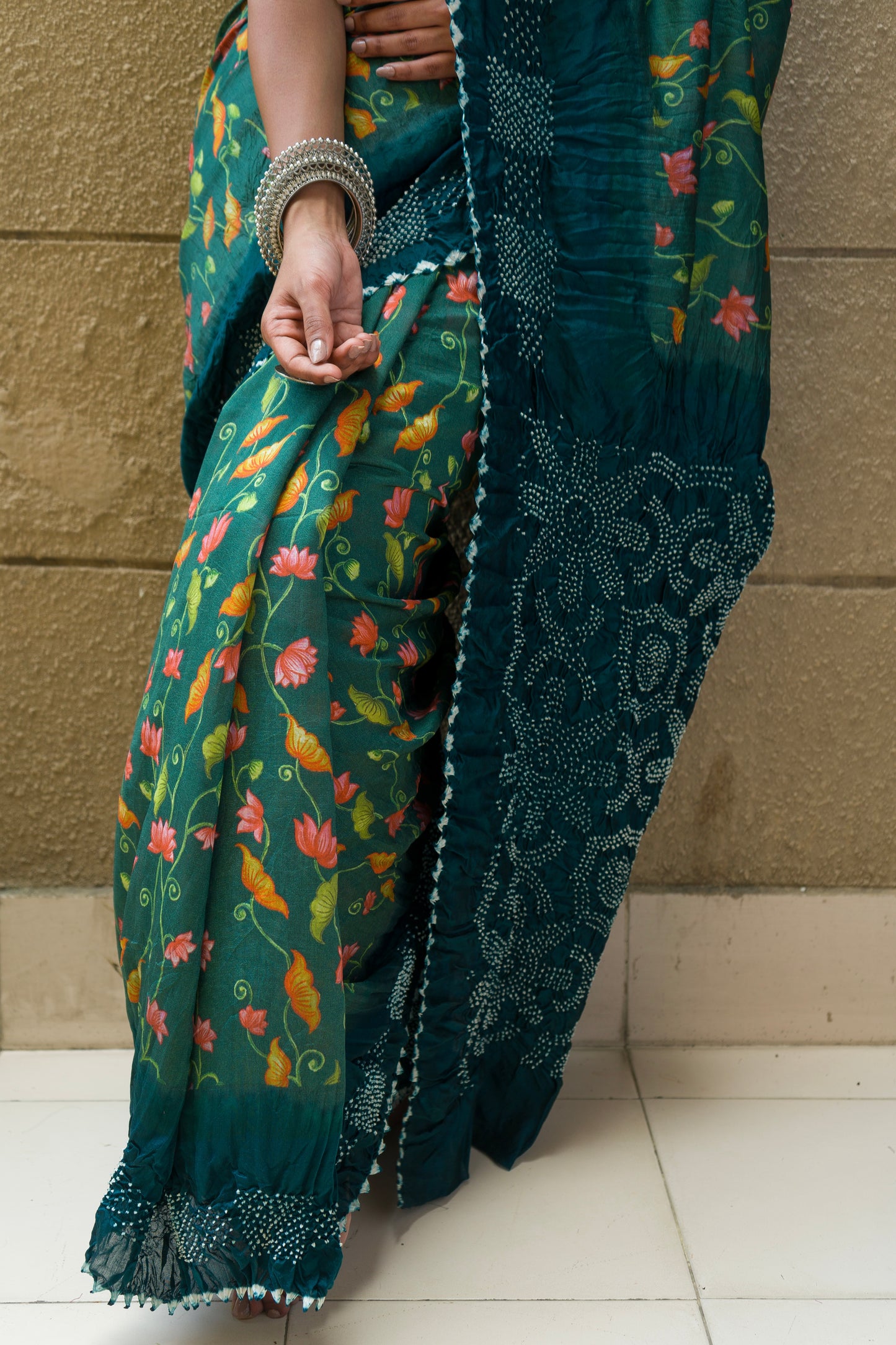 Chiniya Pichwai Bottle Green-Blue Bandhej Saree
