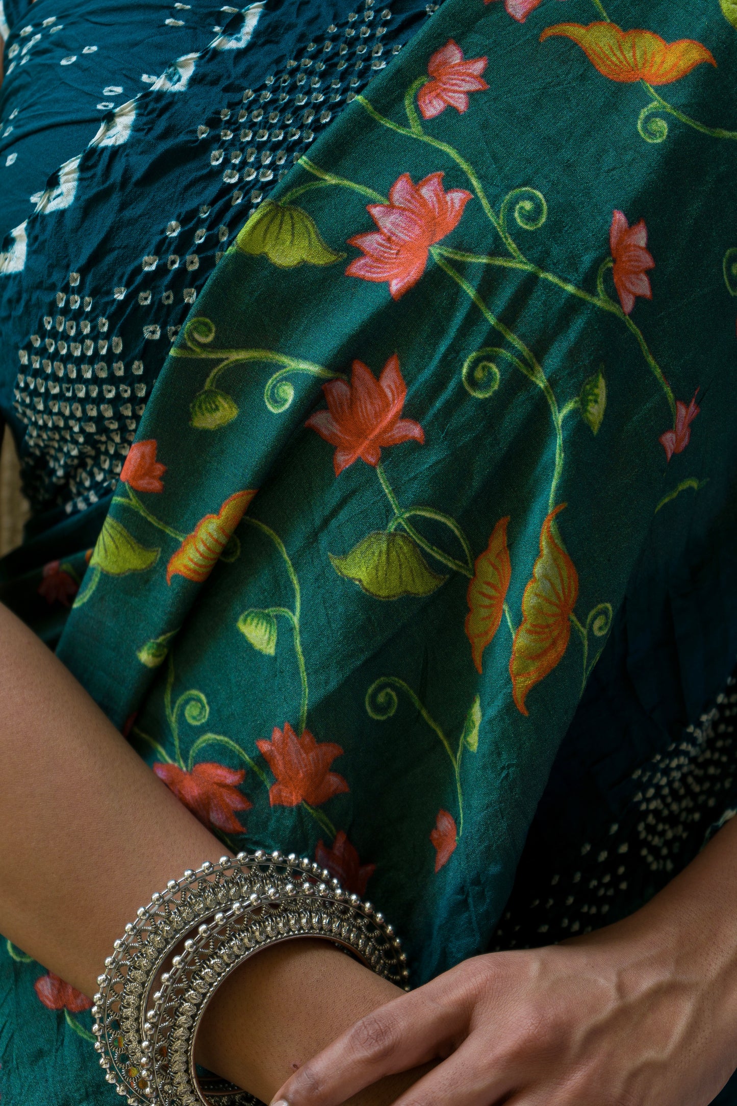 Chiniya Pichwai Bottle Green-Blue Bandhej Saree