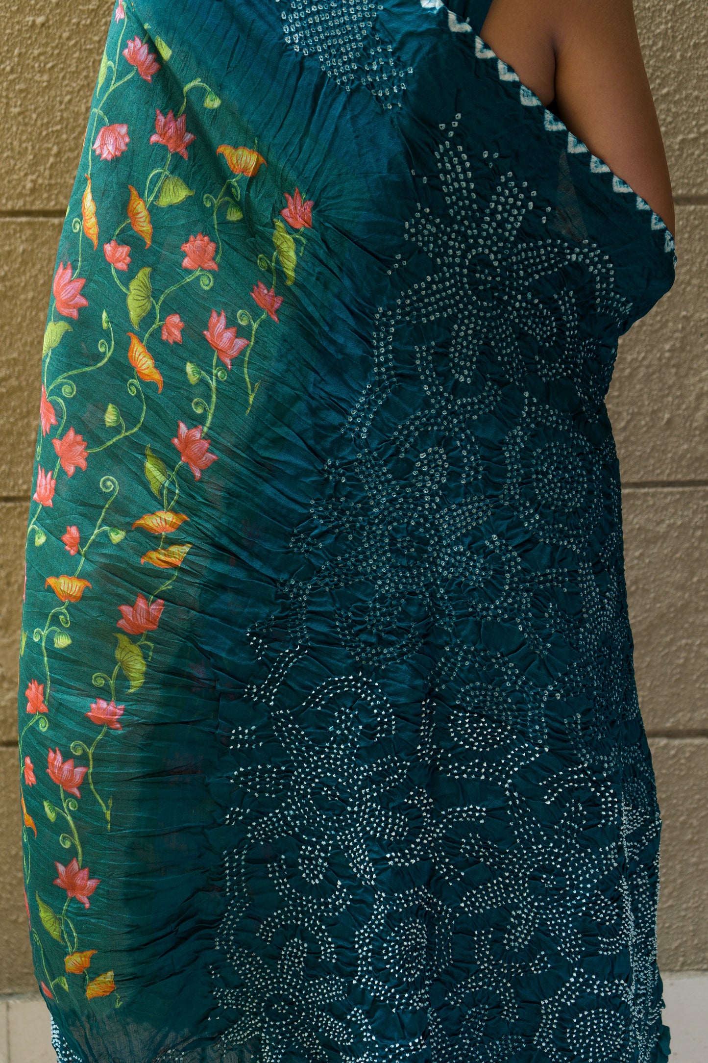Chiniya Pichwai Bottle Green-Blue Bandhej Saree