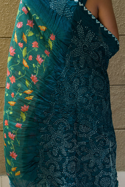 Chiniya Pichwai Bottle Green-Blue Bandhej Saree