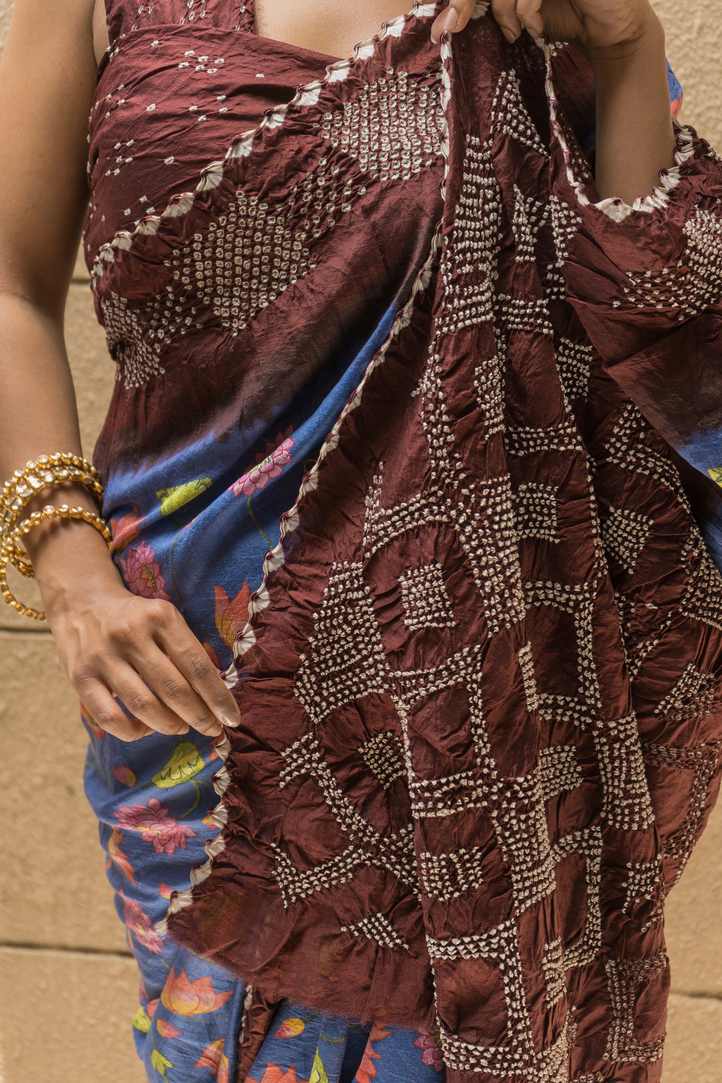 Chiniya Madhubani Bandhej Saree (Sea Blue-Maroon)