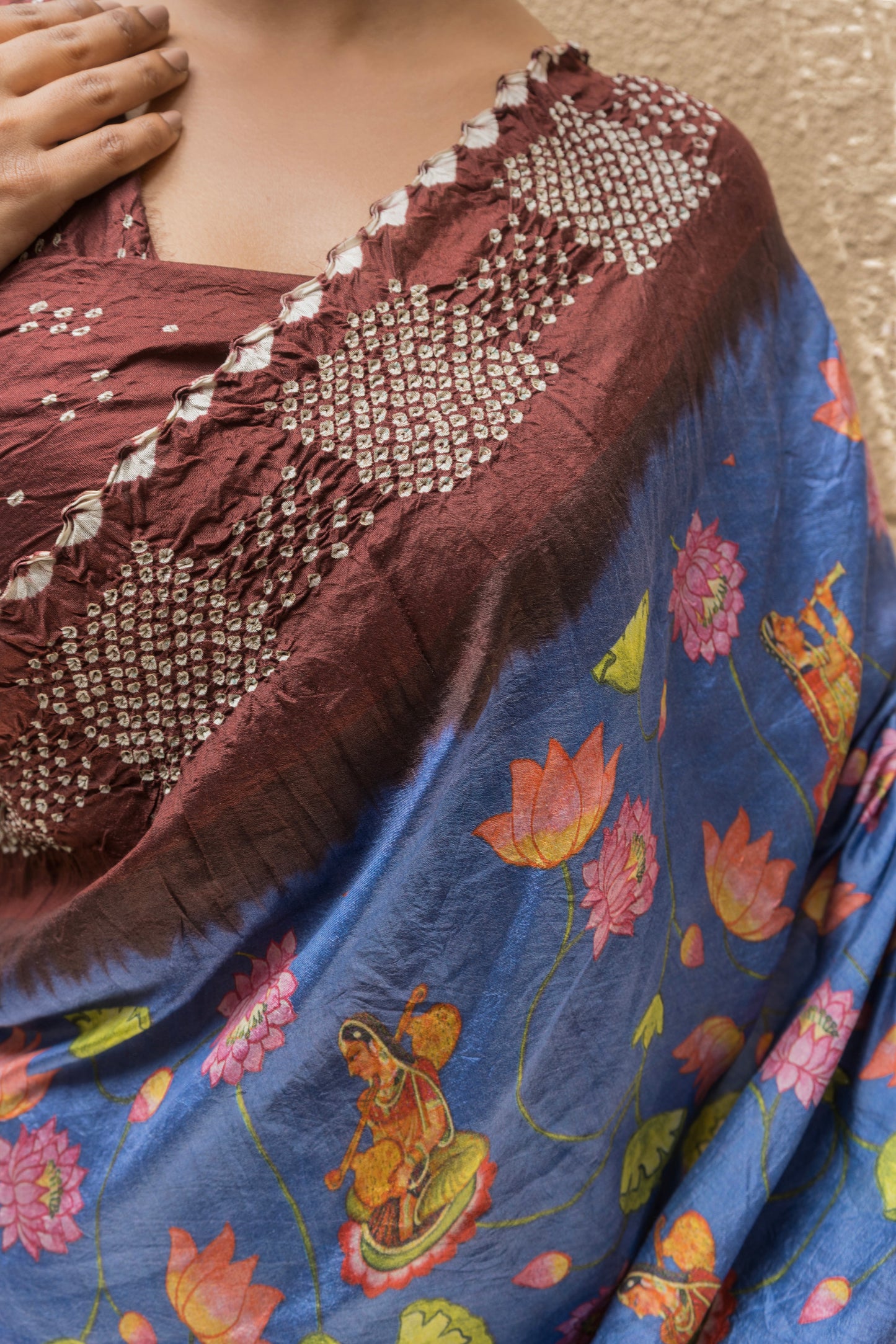 Chiniya Madhubani Bandhej Saree (Sea Blue-Maroon)