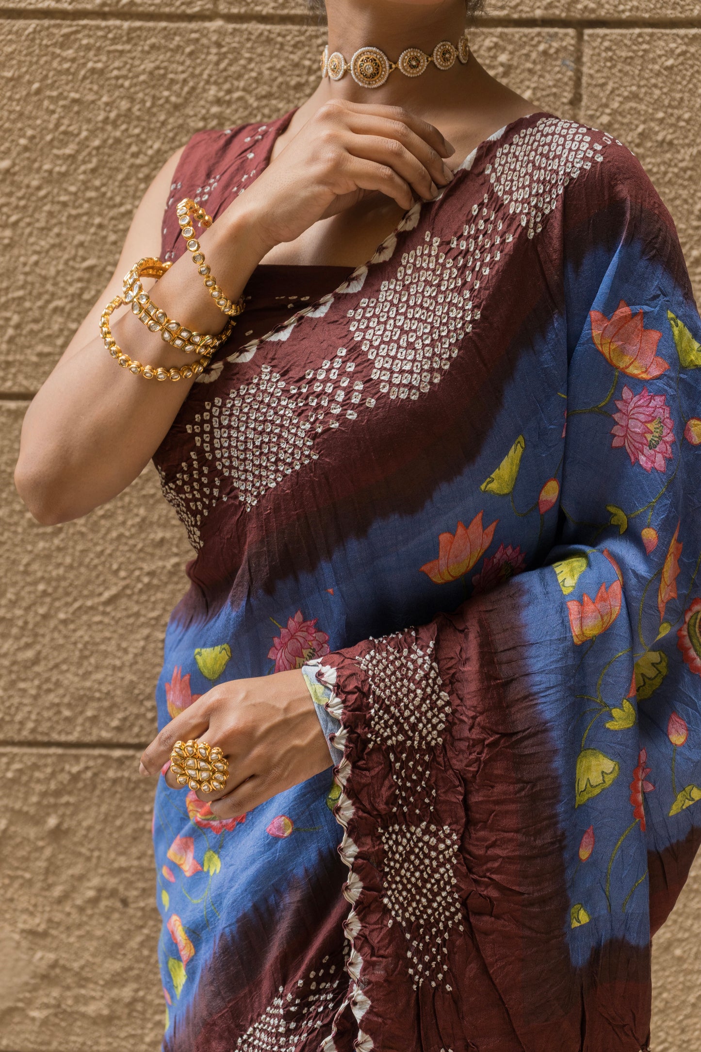 Chiniya Madhubani Bandhej Saree (Sea Blue-Maroon)