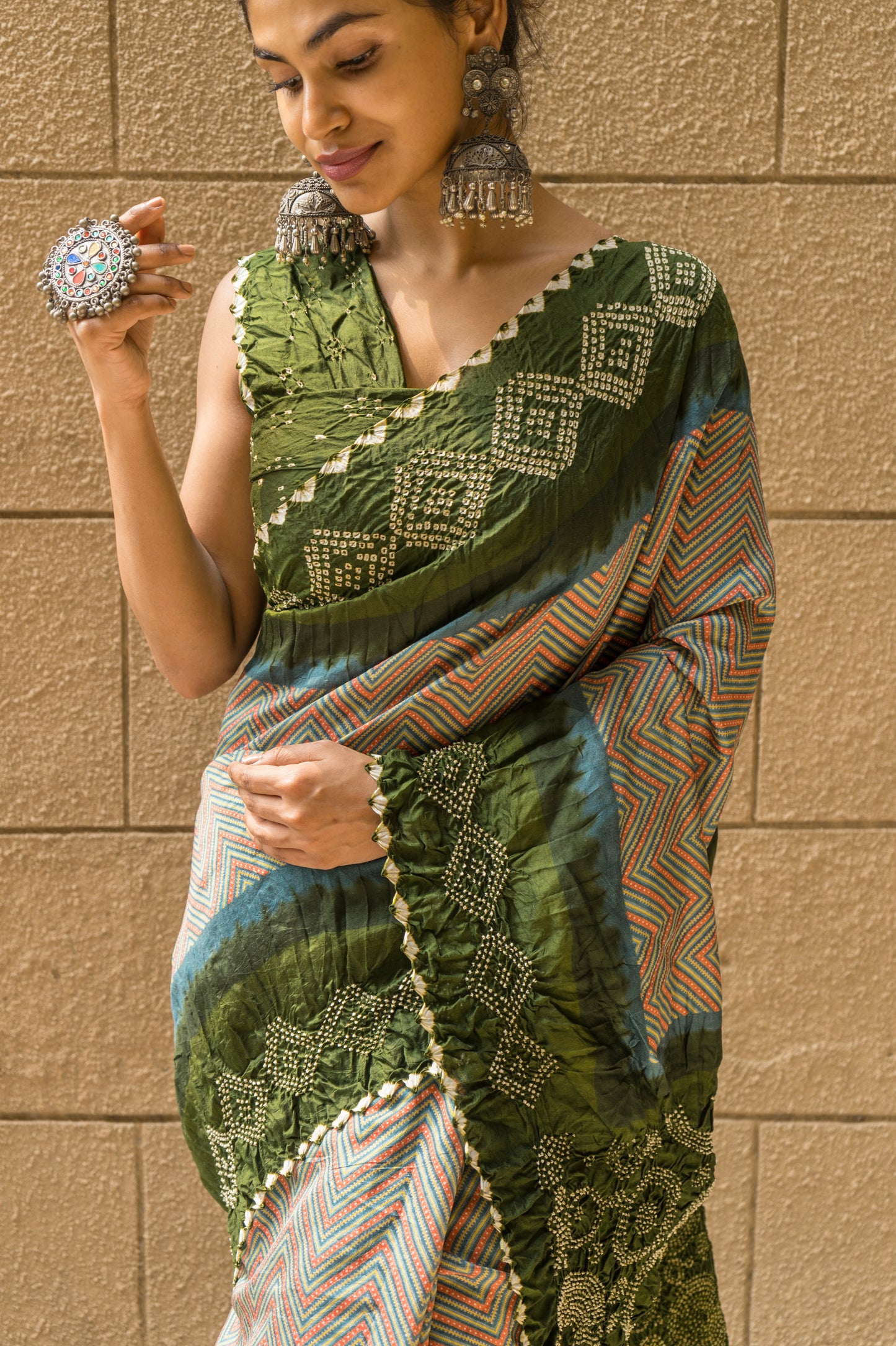 Chiniya Zig-Zag Blue-Mehendi Green Bandhej Saree